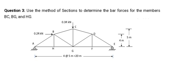 Question 3: Use the method of Sections to determine the bar forces for the members
BC, BG, and HG.
0.3R kN
B
0.2R kN
5 m
4 m
A
F
4 @ 5 m =20 m
