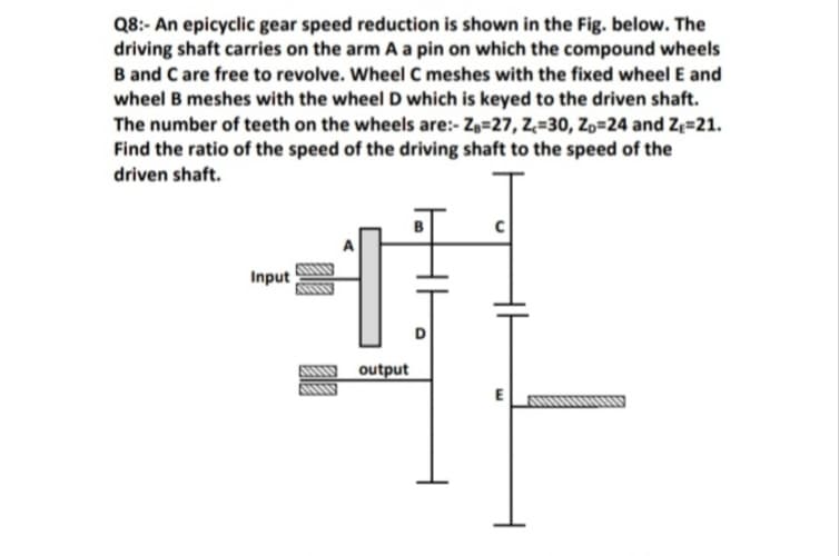 Q8:- An epicyclic gear speed reduction is shown in the Fig. below. The
driving shaft carries on the arm A a pin on which the compound wheels
B and C are free to revolve. Wheel C meshes with the fixed wheel E and
wheel B meshes with the wheel D which is keyed to the driven shaft.
The number of teeth on the wheels are:- Z=27, Z=30, Zp=24 and Ze=21.
Find the ratio of the speed of the driving shaft to the speed of the
driven shaft.
Input
D
EN output
E
