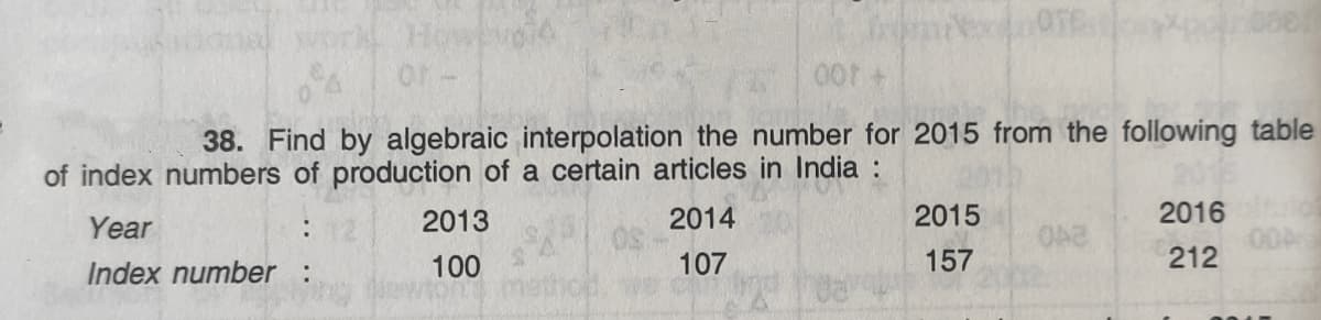 38. Find by algebraic interpolation the number for 2015 from the following table
of index numbers of production of a certain articles in India :
Year
2013
2014
2015
2016
Index number :
100
107
157
212
