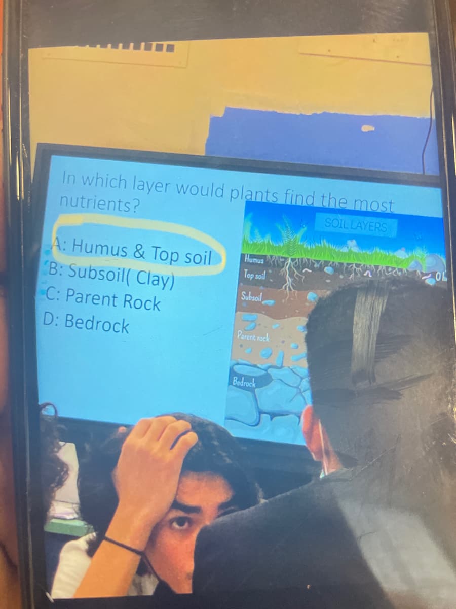 In which layer would plants find the most
nutrients?
SOILLAYERS
OL
A: Humus & Top soil
B: Subsoil( Clay)
C: Parent Rock
Humus
Top soil
Subsoil
D: Bedrock
Parent rock
Bedrock
