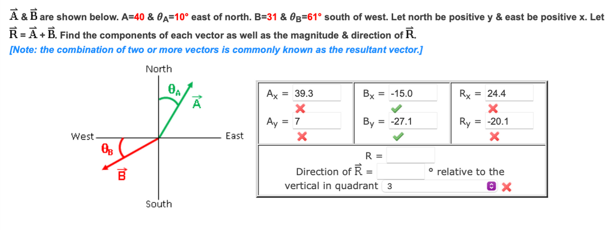 A &B
are shown below. A=40 & 0A=10° east of north. B=31 & OB=61° south of west. Let north be positive y & east be positive x. Let
R= A+B. Find the components of each vector as well as the magnitude & direction of R.
[Note: the combination of two or more vectors is commonly known as the resultant vector.]
North
Ax = 39.3
By = -15.0
Ry = 24.4
Ay
= 7
By = -27.1
Ry = -20.1
West
East
R =
Direction of R
vertical in quadrant 3
° relative to the
South
