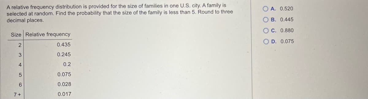 A relative frequency distribution is provided for the size of families in one U.S. city. A family is
selected at random. Find the probability that the size of the family is less than 5. Round to three
decimal places.
Size Relative frequency
2
0.435
3
0.245
4
0.2
0.075
0.028
0.017
5
6
7+
OA. 0.520
OB. 0.445
OC. 0.880
OD. 0.075