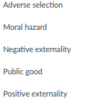 Adverse selection
Moral hazard
Negative externality
Public good
Positive externality
