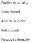 Positive externality
Moral hazard
Adverse selection
Public goods
Negative externality
