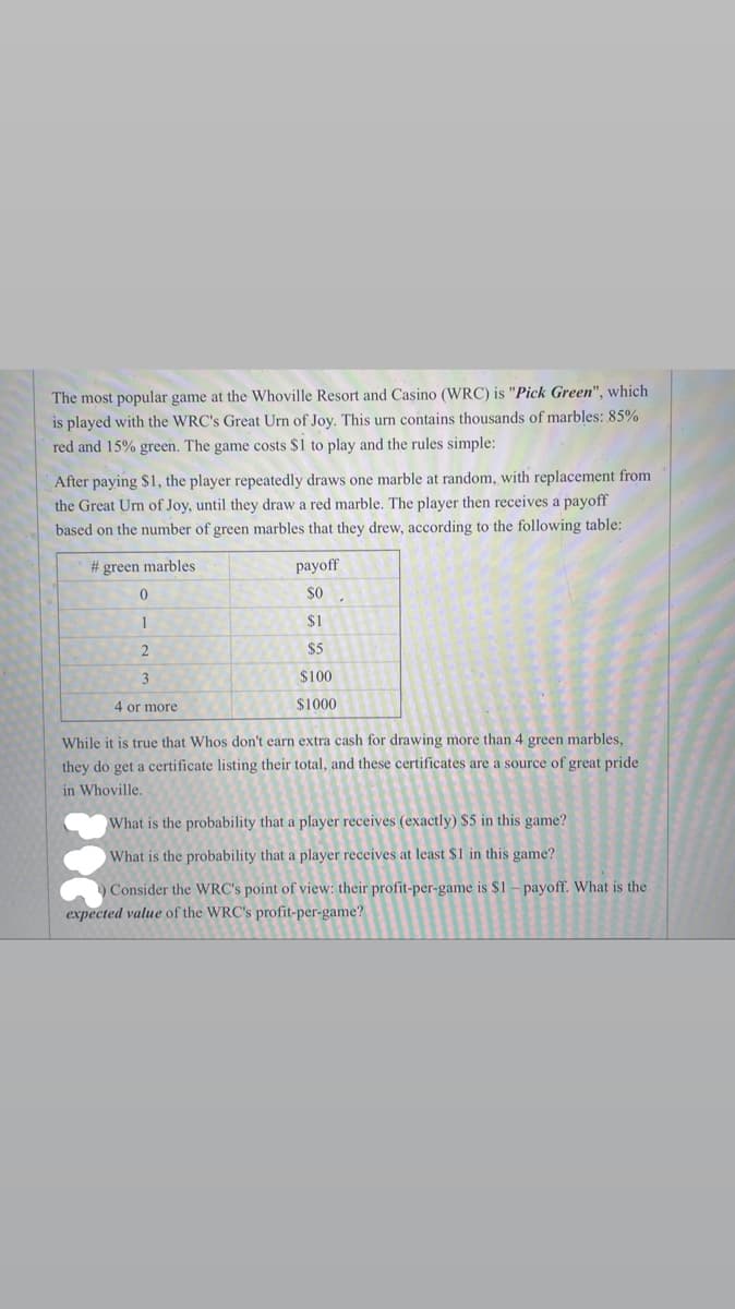 The most popular game at the Whoville Resort and Casino (WRC) is "Pick Green", which
is played with the WRC's Great Urn of Joy. This urn contains thousands of marbles: 85%
red and 15% green. The game costs $1 to play and the rules simple:
After paying $1, the player repeatedly draws one marble at random, with replacement from
the Great Urn of Joy, until they draw a red marble. The player then receives a payoff
based on the number of green marbles that they drew, according to the following table:
#green marbles
0
1
2
3
4 or more
payoff
SO
$1
$5
$100
$1000
While it is true that Whos don't earn extra cash for drawing more than 4 green marbles,
they do get a certificate listing their total, and these certificates are a source of great pride
in Whoville.
What is the probability that a player receives (exactly) $5 in this game?
What is the probability that a player receives at least $1 in this game?
Consider the WRC's point of view: their profit-per-game is $1 - payoff. What is the
expected value of the WRC's profit-per-game?