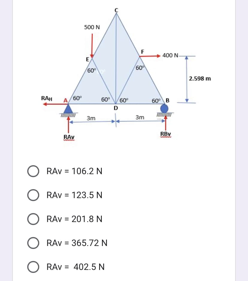 RAH
A
60⁰
RAV
500 N
E
60°
3m
60⁰
RAV = 106.2 N
O
O RAV = 201.8 N
O RAV = 365.72 N
RAV = 123.5 N
RAV = 402.5 N
C
D
60°
F
60
3m
400 N-
60⁰ B
RBV
www
2.598 m