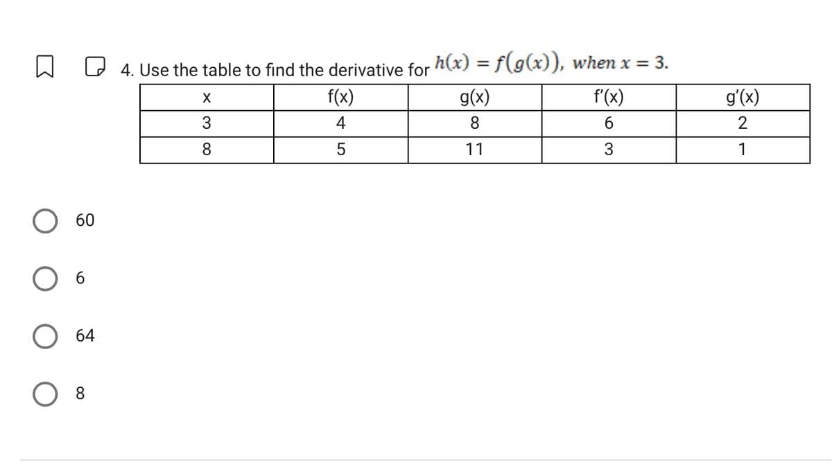 W
60
O 6
O 64
8
4. Use the table to find the derivative for h(x) = f(g(x)), when x = 3.
X
g(x)
3
8
8
11
f(x)
4
5
f'(x)
6
3
g'(x)
2
1