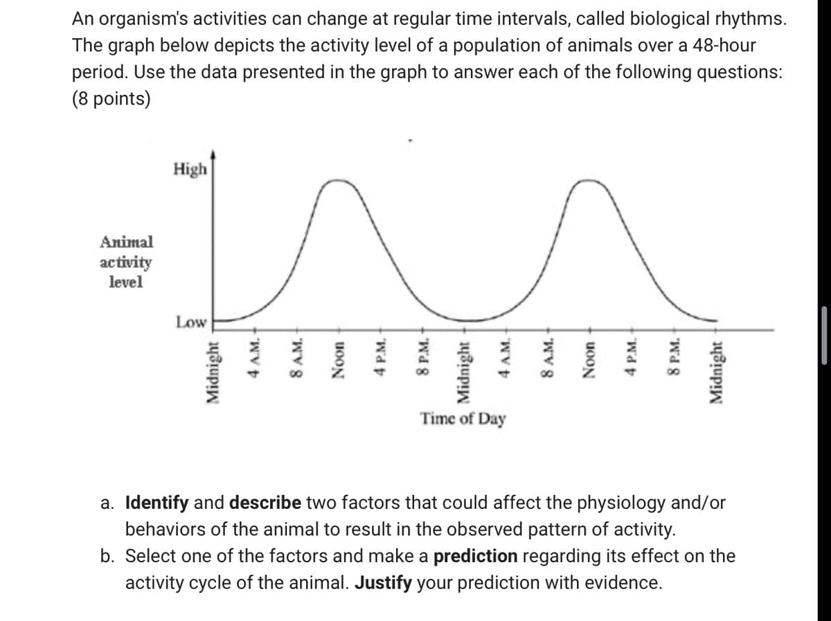 Animal
activity
level
Low
High
An organism's activities can change at regular time intervals, called biological rhythms.
The graph below depicts the activity level of a population of animals over a 48-hour
period. Use the data presented in the graph to answer each of the following questions:
(8 points)
Midnight
4 A.M.
8 A.M.
Noon
4 P.M.
8 P.M.
Midnight
4 A.M.
Time of Day
8 A.M.
Noon
4 P.M.
a. Identify and describe two factors that could affect the physiology and/or
behaviors of the animal to result in the observed pattern of activity.
b. Select one of the factors and make a prediction regarding its effect on the
activity cycle of the animal. Justify your prediction with evidence.
8 P.M.
Midnight