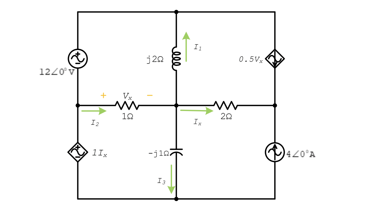 I1
0.5Vx
j22
1220° v
Vx
12
Ix
I2
420°A
1Ix
-jia7
I3
ell
