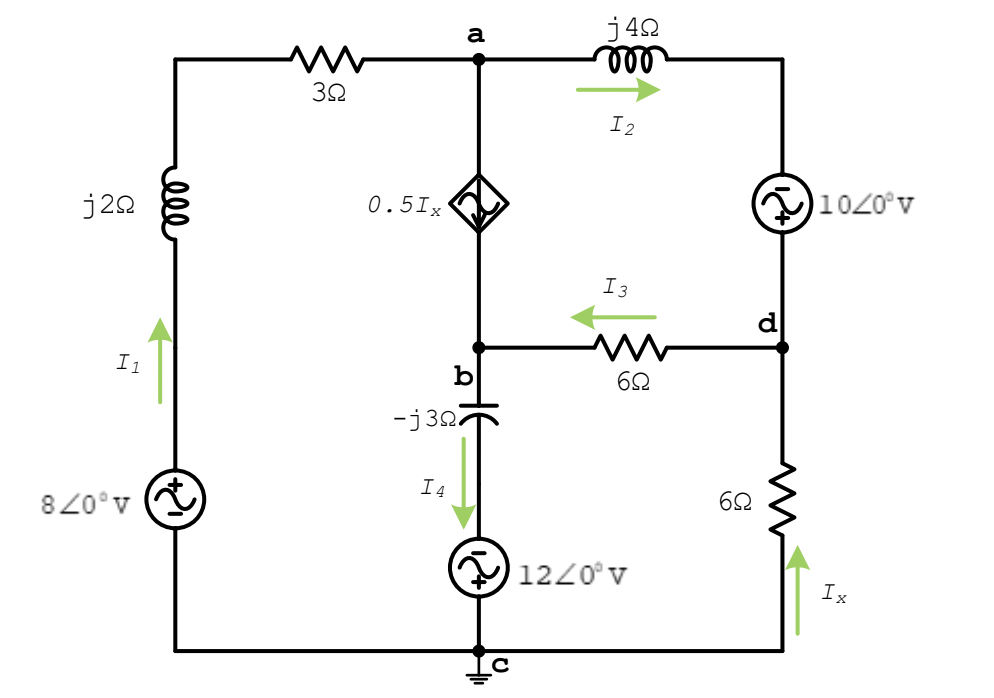 j42
le
a
I2
j22
0.5Ix
1020°v
I3
d
I1
62
-j307
I4
820°v A
1220° v
Ix
ell
