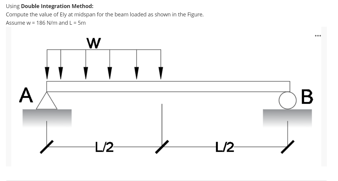 Using Double Integration Method:
Compute the value of Ely at midspan for the beam loaded as shown in the Figure.
Assume w = 186 N/m and L = 5m
W
A
L/2
L/2
:
...
B