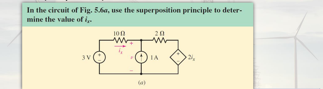 In the circuit of Fig. 5.6a, use the superposition principle to deter-
mine the value of ir.
10Ω
2Ω
3 V
1A
2i
(a)
