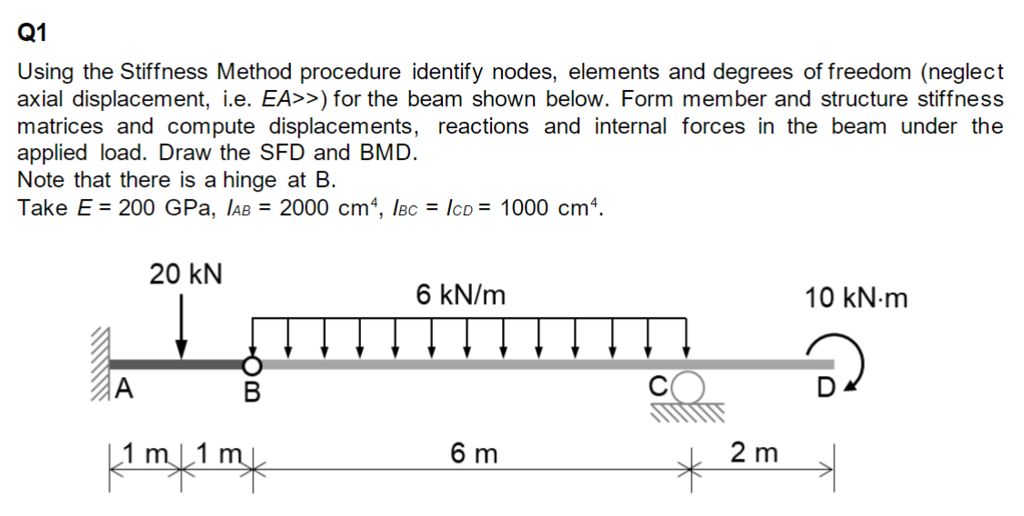 Q1
Using the Stiffness Method procedure identify nodes, elements and degrees of freedom (neglect
axial displacement, i.e. EA>>) for the beam shown below. Form member and structure stiffness
matrices and compute displacements, reactions and internal forces in the beam under the
applied load. Draw the SFD and BMD.
Note that there is a hinge at B.
Take E = 200 GPa, IAB = 2000 cm4, IBC = ICD= 1000 cm4.
A
20 kN
OB
|1m|1m
6 kN/m
6 m
2 m
10 kN.m