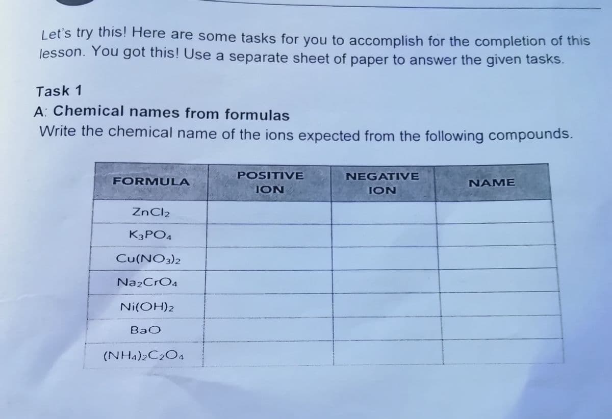 Let's try this! Here are some tasks for you to accomplish for the completion of this
lesson. You got this! Use a separate sheet of paper to answer the given tasks.
Task 1
A: Chemical names from formulas
Write the chemical name of the ions expected from the following compounds.
POSITIVE
NEGATIVE
FORMULA
NAME
ION
ION
K3PO4
Cu(NO3)2
Na2CrO4
Ni(OH)2
BaO
(NH4)¿C2O4
