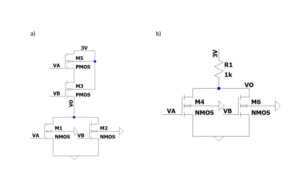 a)
b)
3V
M5
VA
R1
PMOS
1k
M3
VO
VB
PMOS
М4
M6
VA
NMOS
VB
NMOS
M1
M2
VA
NMOS
VB
NMOS
