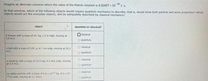 Imagine an alternate universe where the value of the Planck constant is 6.62607 x 10
40
J-s.
In that universe, which of the following objects would require quantum mechanics to describe, that is, would show both particle and wave properties? Which
objects would act like everyday objects, and be adequately described by classical mechanics?
object
quantum or classical?
classical
A human with a mass of 65, ko. 2.2 m high, moving at
3.0 m/s.
O quantum
O dassical
A ball with a mass of 195. 0. 8.7 cm wide, moving at 35.1
m/s
O quantum
O dlassical
A raindrop with a mass of 33.0 mg. 4.5 mm wide. moving
at 6.4 m/s.
O quantum
O dassical
An alpha partide with a mass of 6.6x 102 kg, 8.0 x 10
15 m wide, moving at 17. kmis:
OQuantum
