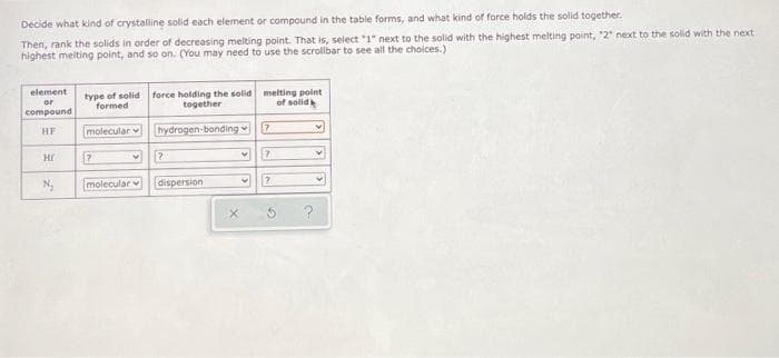 Decide what kind of crystalline solid each element or compound in the table forms, and what kind of force holds the solid together.
Then, rank the solids in order of decreasing melting point. That is, select "1" next to the solid with the highest melting point, "2" next to the solid with the next
highest melting point, and so on. (You may need to use the scrollbar to see all the choices.)
element
or
compound
HF
Hr
N₂
type of solid force holding the solid melting point
formed
of solid
together
molecular hydrogen-bonding
7
molecular
7
dispersion
v
7
7
v ?
$
?