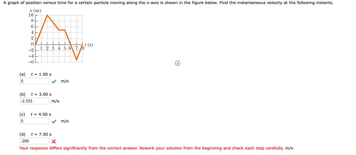 A graph of position versus time for a certain particle moving along the x-axis is shown in the figure below. Find the instantaneous velocity at the following instants.
х (m)
10
8.
4
2
t (s)
2 3 4 5 6 7 8
1.
-2
-4
-6
(а)
t = 1.00 s
5
m/s
(b)
t = 3.00 s
-2.333
m/s
(c)
t = 4.50 s
m/s
(d) t= 7.50 s
.266
