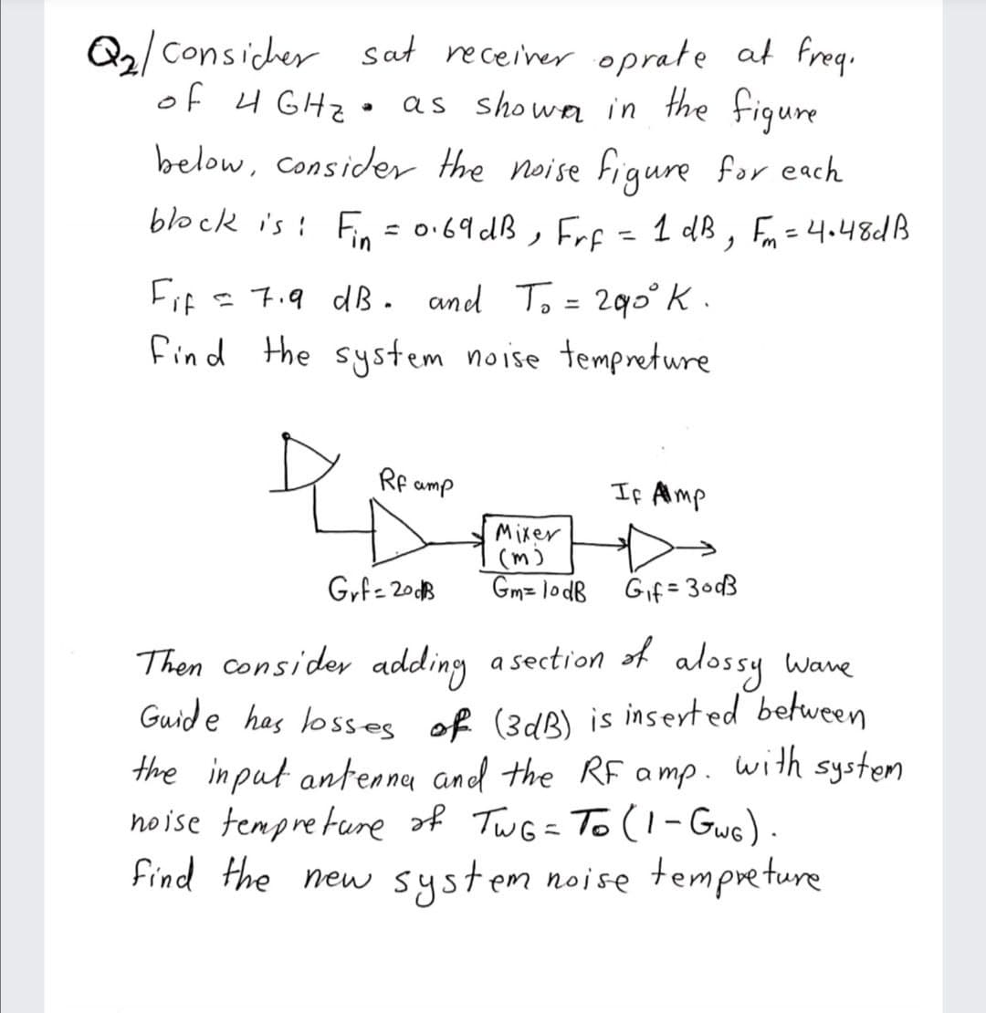 Q2/ Consicher sat receiver oprate at freq.
of 4 GHZ• as shown in the fiqure
below, consider the noise figure for each
block is : F, = 0.64 dB , Frf = 1 dB , Fm= 4.48dB
%3D
%3D
in
Fif = 7.9 dB. and To = 290° K.
%3D
find the system noise tempreture
Rf amp
If Almp
Miker
(m)
Gmz lodB
Gyf= 2003
Gif = 303
Then consider adding asection alossy wane
Guide has losses of (3dB) is insert ed between
the input anten na and the RF a mp. with system
noise tenpre ture of TwG = To (1- GwG).
find the new system noise tempreture
