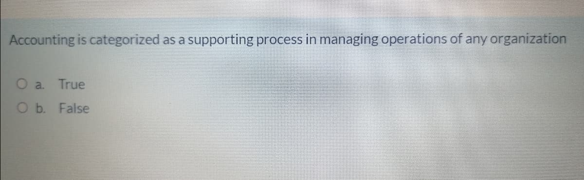 Accounting is categorized as a supporting process in managing operations of any organization
O a. True
O b. False
