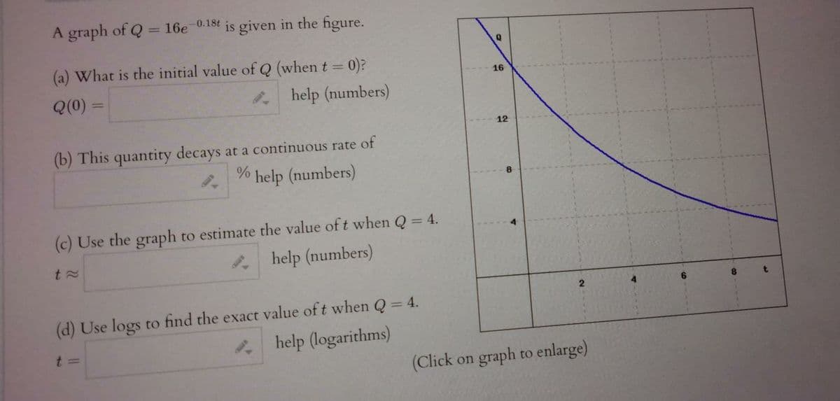 A graph of \( Q = 16e^{-0.18t} \) is given in the figure.

**(a)** What is the initial value of \( Q \) (when \( t = 0 \))?  
\[ Q(0) = \quad \text{help (numbers)} \]

**(b)** This quantity decays at a continuous rate of  
\[ \quad \% \quad \text{help (numbers)} \]

**(c)** Use the graph to estimate the value of \( t \) when \( Q = 4 \).  
\[ t \approx \quad \text{help (numbers)} \]

**(d)** Use logs to find the exact value of \( t \) when \( Q = 4 \).  
\[ t = \quad \text{help (logarithms)} \]

**Graph Explanation:**

The graph is a plot of the function \( Q = 16e^{-0.18t} \). It shows an exponentially decaying curve starting at \( Q = 16 \) when \( t = 0 \). As \( t \) increases along the x-axis, \( Q \) decreases, approaching zero. Specific values, such as \( Q = 4 \), can be estimated by finding where the curve intersects the horizontal line at that value on the y-axis and matching it to the corresponding \( t \) value on the x-axis.

(Click on graph to enlarge)