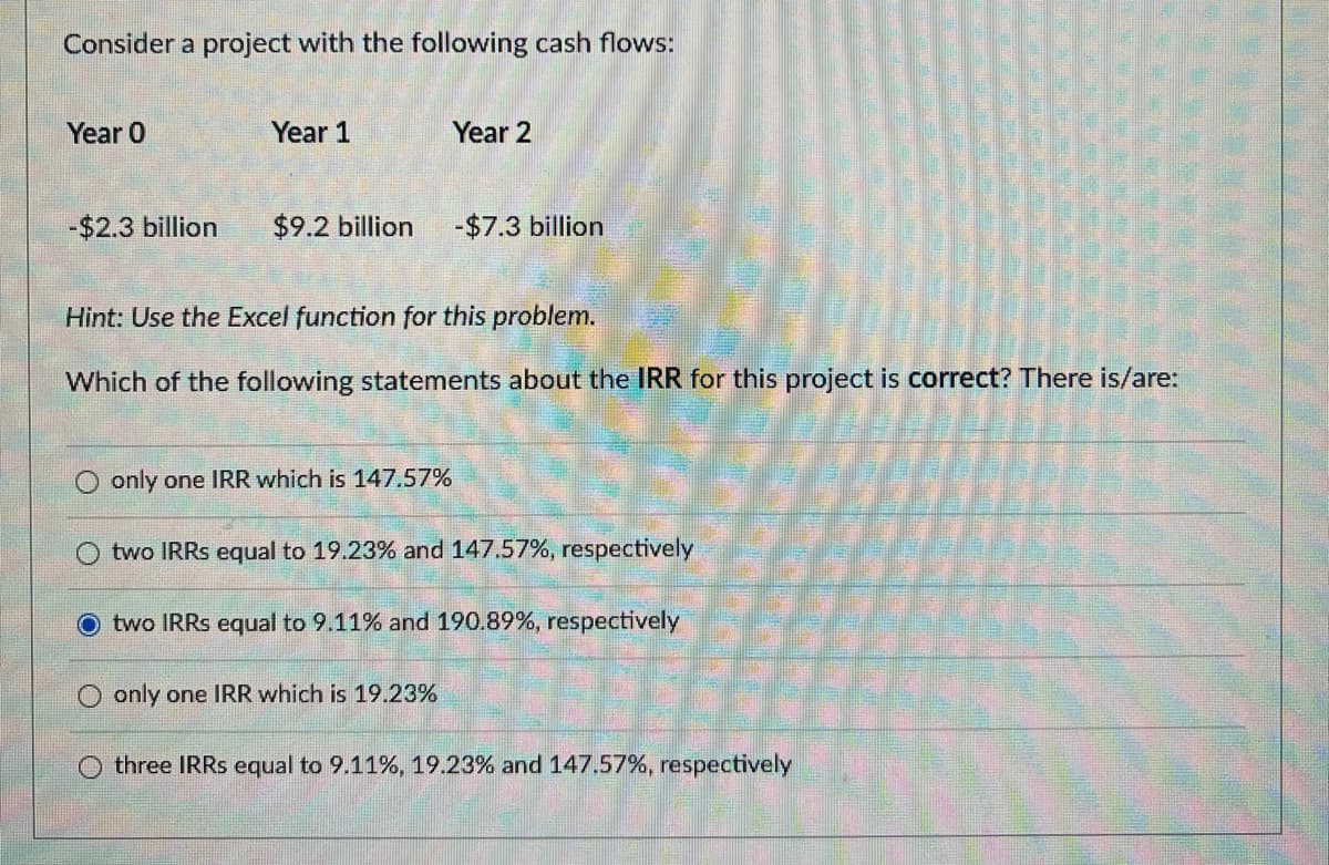 Consider a project with the following cash flows:
Year O
Year 1
Year 2
-$2.3 billion
$9.2 billion
-$7.3 billion
Hint: Use the Excel function for this problem.
Which of the following statements about the IRR for this project is correct? There is/are:
only one IRR which is 147.57%
two IRRs equal to 19.23% and 147.57%, respectively
two IRRs equal to 9.11% and 190.89%, respectively
only one IRR which is 19.23%
O three IRRs equal to 9.11%, 19.23% and 147.57%, respectively