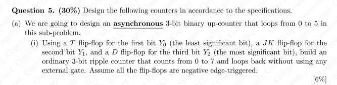 Question 5. (30%) Design the following counters in accordance to the specifications.
We are going to design an asynchronous 3-bit
this sub-problem.
Copyr
(i) Using a T flip-flop for the first bit Yo (the least significant bit), a JK flip-flop for the
second bit Y1, and a D flip-flop for the third bit Y2 (the most significant bit), build an
ordinary 3-bit ripple counter that counts from 0 to 7 and loops back without using any
Copyrig
ved. Copyri
external gate. Assume all the flip-flops are negative edge-triggered.
Co
to
in
phts ved
College
[6%]
Opyrie
preserved
