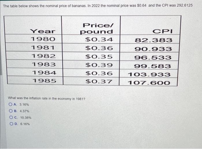 The table below shows the nominal price of bananas. In 2022 the nominal price was $0.64 and the CPI was 292.6125
Year
1980
1981
1982
1983
1984
1985
Price/
pound
$0.34
What was the inflation rate in the economy in 1981?
OA. 3.16%
B. 4.37%
OC. 10.38%
D. 6.16%
$0.36
$0.35
$0.39
$0.36
$0.37
CPI
82.383
90.933
96.533
99.583
103.933
107.600