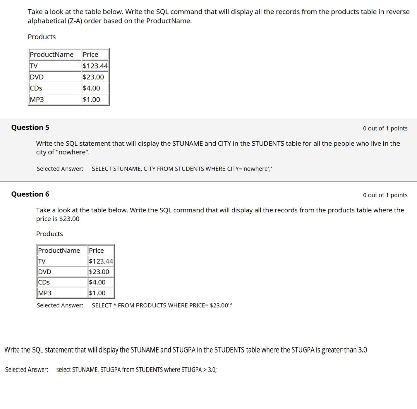 Take a look at the table below. Write the SQL command that will display all the records from the products table in reverse
alphabetical (Z-A) order based on the ProductName.
Products
ProductName
Price
TV
$123.44
DVD
$23.00
CDs
$4.00
MP3
$1.00
Question 5
O out of 1 points
Write the SQL statement that will display the STUNAME and CITY in the STUDENTS table for all the people who live in the
city of "nowhere".
Selected Answer:
SELECT STUNAME, CITY FROM STUDENTS WHERE CITY='nowhere';'
Question 6
O out of 1 points
Take a look at the table below. Write the SQL command that will display all the records from the products table where the
price is $23.00
Products
ProductName
Price
TV
$123.44
DVD
$23.00
CDs
$4.00
MP3
$1.00
Selected Answer:
SELECT * FROM PRODUCTS WHERE PRICE='$23.00';'
Write the SQL statement that will display the STUNAME and STUGPA in the STUDENTS table where the STUGPA is greater than 3.0
Selected Answer:
select STUNAME, STUGPA from STUDENTS where STUGPA > 3.0;
