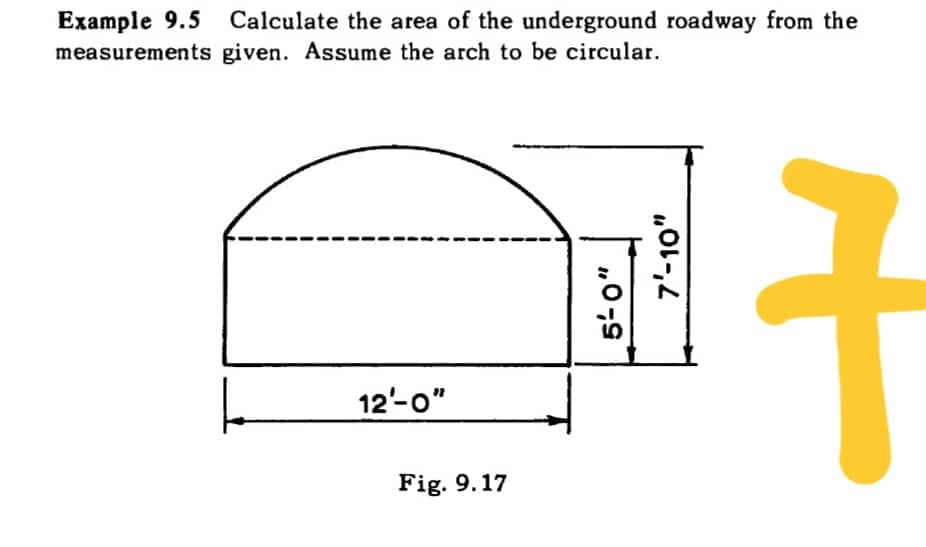 Example 9.5 Calculate the area of the underground roadway from the
measurements given. Assume the arch to be circular.
12'-0"
Fig. 9.17
5-0"
7'-10"
7