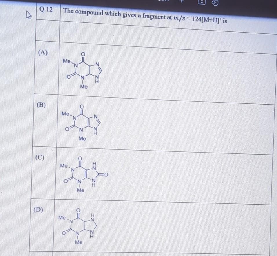 K
Q.12
(A)
(B)
(C)
(D)
The compound which gives a fragment at m/z = 124[M+H]* is
Me
Me
Me
N
Me-N
N
Me
N
Me
i
N
Me
Me
IZ
IZ
IZ