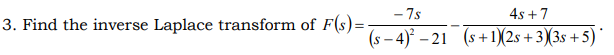 - 7s
4s +7
3. Find the inverse Laplace transform of F(s)=-
(s – 4)° – 21 (s+1)(2s +3)(3s +5)'
