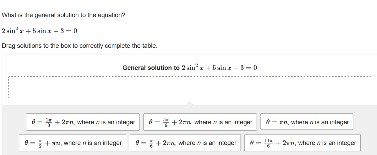 What is the general solution to the equation?
2 sin²x + 5 sin x - 3 0
Drag solutions to the box to correctly complete the table.
0 =
2π
General solution to 2 sin² x + 5 sin x
+ 2πn, where n is an integer
+лn, where n is an integer
0
=
5π
6
3=0
+ 2πn, where n is an integer
+2πn, where n is an integer
0
0 = πn, where n is an integer
11πT
6
+ 2πn, where n is an integer