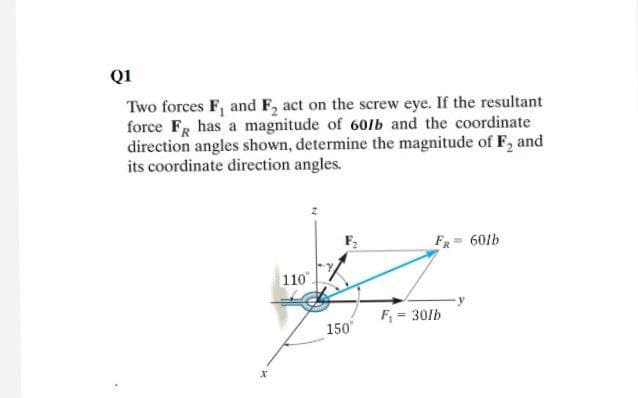 Q1
Two forces F, and F₂ act on the screw eye. If the resultant
force FR has a magnitude of 601b and the coordinate
direction angles shown, determine the magnitude of F₂ and
its coordinate direction angles.
FR= 60lb
110.
150
F₁ = 30lb