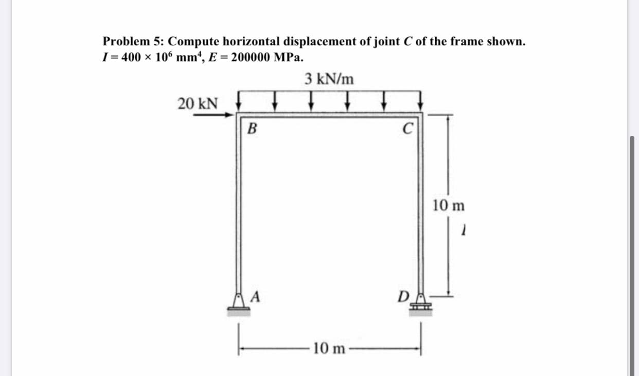 Problem 5: Compute horizontal displacement of joint C of the frame shown.
I= 400 × 106 mm', E = 200000 MPa.
