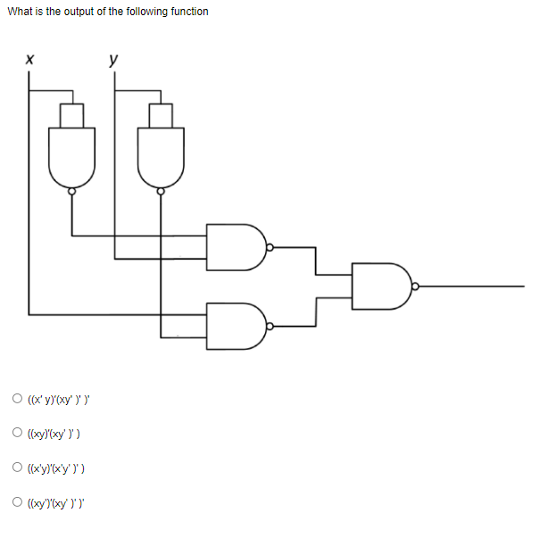 What is the output of the following function
y
O (x' y)(xy' )' )"
O (xy)"(xy' )' )
O (xy)"(xy' ) )
O (xy'(xy )' )'
