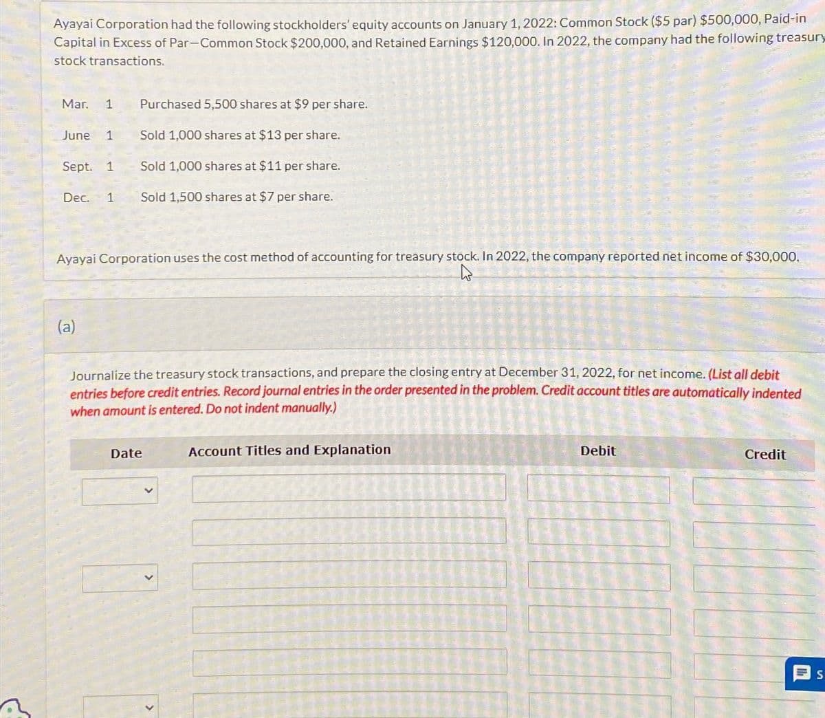 Ayayai Corporation had the following stockholders' equity accounts on January 1, 2022: Common Stock ($5 par) $500,000, Paid-in
Capital in Excess of Par-Common Stock $200,000, and Retained Earnings $120,000. In 2022, the company had the following treasury
stock transactions.
Purchased 5,500 shares at $9 per share.
Sold 1,000 shares at $13 per share.
Sept. 1
Sold 1,000 shares at $11 per share.
Dec. 1 Sold 1,500 shares at $7 per share.
Mar. 1
June 1
Ayayai Corporation uses the cost method of accounting for treasury stock. In 2022, the company reported net income of $30,000.
D
(a)
Journalize the treasury stock transactions, and prepare the closing entry at December 31, 2022, for net income. (List all debit
entries before credit entries. Record journal entries in the order presented in the problem. Credit account titles are automatically indented
when amount is entered. Do not indent manually.)
Date
Account Titles and Explanation
Debit
Credit
S