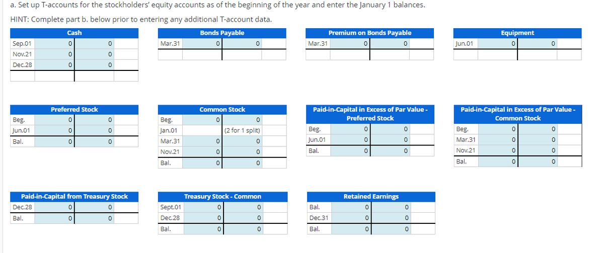 a. Set up T-accounts for the stockholders' equity accounts as of the beginning of the year and enter the January 1 balances.
HINT: Complete part b. below prior to entering any additional T-account data.
Cash
Bonds Payable
0
0
0
Sep.01
Nov.21
Dec.28
Beg.
Jun.01
Bal.
0
Dec.28
Bal.
Preferred Stock
0
0
0
0
0
0
0
0
0
Paid-in-Capital from Treasury Stock
0
0
0
Mar.31
Beg.
Jan.01
Mar.31
Nov.21
Bal.
Sept.01
Dec.28
Bal.
Common Stock
0
0
0
0
0
0
(2 for 1 split)
0
0
0
Treasury Stock - Common
0
0
0
0
0
0
Mar.31
Paid-in-Capital in Excess of Par Value -
Preferred Stock
Beg.
Jun.01
Bal.
Premium on Bonds Payable
0
0
Bal.
Dec.31
Bal.
0
0
0
Retained Earnings
0
0
0
0
0
0
0
0
0
Jun.01
Equipment
0
Beg.
Mar.31
Nov.21
Bal.
Paid-in-Capital in Excess of Par Value -
Common Stock
0
0
0
0
0
0
0
0
0