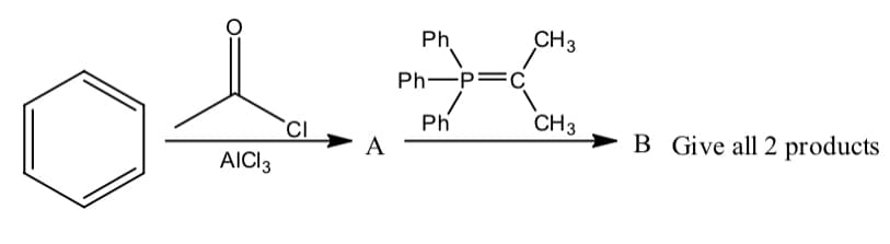 ### Electrophilic Aromatic Substitution Reaction with Benzene: 

In this sequence of reactions, benzene is subjected to two main chemical transformations to produce final products.

1. **Step 1: Friedel-Crafts Acylation Reaction**
    - **Reactants:** Benzene, acetyl chloride (CH₃COCl), and aluminum chloride (AlCl₃)
    - **Reaction:** 
        The benzene ring reacts with acetyl chloride in the presence of aluminum chloride (a Lewis acid catalyst) to form an acylated benzene compound. This is an example of an electrophilic aromatic substitution reaction where an acyl group (R-CO) is introduced into the aromatic ring.
    - **Product (A):** The product of this reaction is acetophenone, where the benzene ring is bonded to a carbonyl group with a methyl group attached.

2. **Step 2: Wittig Reaction**
    - **Reactants:** Compound A (acetophenone) and a Wittig reagent [Ph₃P=CH₂] containing a triphenylphosphine and a methylene group.
    - **Reaction:** 
        The Wittig reaction involves the reaction of a carbonyl compound (acetophenone) with the Wittig reagent to form an alkene. Specifically, the carbonyl carbon of acetophenone reacts with the methylene group of the Wittig reagent to form a double bond (C=C).
    - **Products (B):** The products of this reaction are alkenes. More specifically, in this case, the reaction yields:
        - Compound 1: A trans-alkene where one side of the double bond is a phenyl group and the other side corresponds to a methyl group derived from the original acetyl group.
        - Compound 2: A cis-alkene similarly substituted as the trans isomer.

### Explanation Summary
- **Graph/Diagram Analysis:**
    - The initial reactant, benzene, is then reacted with acetyl chloride (an acyl chloride) in the presence of aluminum chloride (AlCl₃) to produce acylated benzene (compound A).
    - Compound A then undergoes a Wittig reaction with a specified Wittig reagent to produce two different products (trans and cis forms) (compound B).
- **Educational Perspective:**
    - The process demonstrates key concepts of organic chemistry, including electrophilic aromatic substitution, Friedel