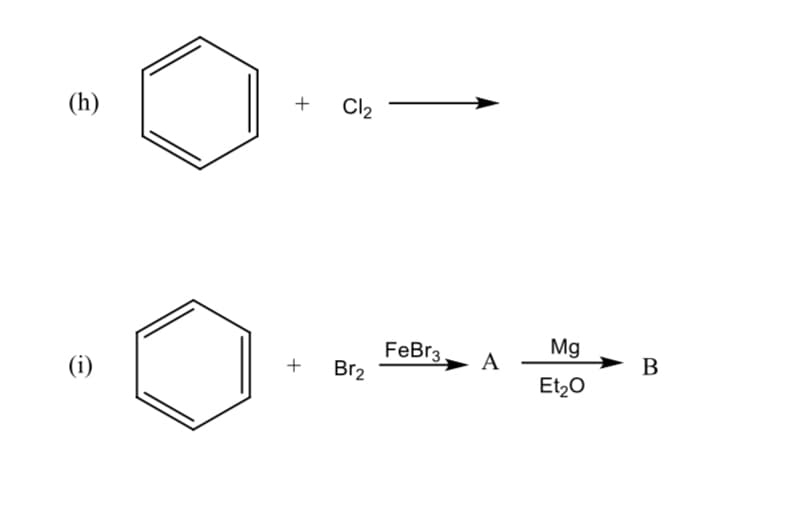 (h)
+
Cl2
Mg
FeBr3.
Br2
A
B
(i)
+
Et20
