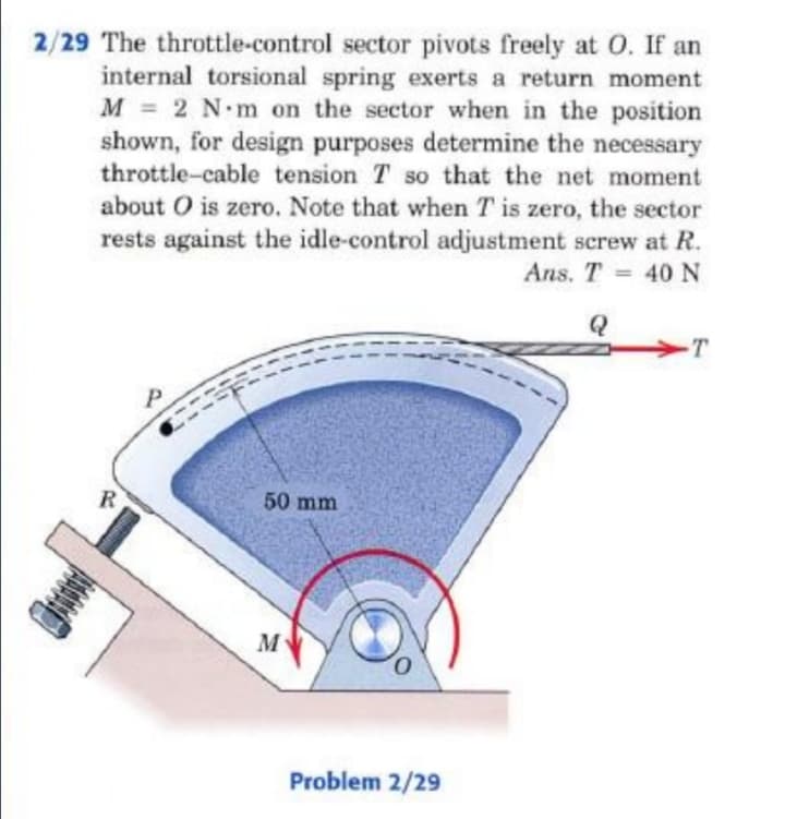 2/29 The throttle-control sector pivots freely at O. If an
internal torsional spring exerts a return moment
M = 2 N.m on the sector when in the position
shown, for design purposes determine the necessary
throttle-cable tension T so that the net moment
about O is zero. Note that when T is zero, the sector
rests against the idle-control adjustment screw at R.
Ans. T
40 N
%3D
Q
T
R
50 mm
M
Problem 2/29
