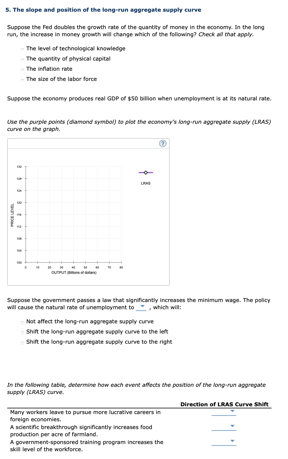 5. The slope and position of the long-run aggregate supply curve
Suppose the Fed doubles the growth rate of the quantity of money in the economy. In the long
run, the increase in money growth will change which of the following? Check all that apply.
n The level of technological knowledge
n The quantity of physical capital
The inflation rate
n The size of the labor force
Suppose the economy produces real GDP of $50 billion when unemployment is at its natural rate.
Use the purple points (diamond symbol) to plot the economy's long-run aggregate supply (LRAS)
curve on the graph.
132
128
LRAS
124
120
116
112
108
104
100
10
20
30
40
50
60
70
80
OUTPUT (Billions of dollars)
Suppose the government passes a law that significantly increases the minimum wage. The policy
will cause the natural rate of unemployment to
which will:
o Not affect the long-run aggregate supply curve
o Shift the long-run aggregate supply curve to the left
o Shift the long-run aggregate supply curve to the right
In the following table, determine how each event affects the position of the long-run aggregate
supply (LRAS) curve.
Direction of LRAS Curve Shift
Many workers leave to pursue more lucrative careers in
foreign economies.
A scientific breakthrough significantly increases food
production per acre of farmland.
A government-sponsored training program increases the
skill level of the workforce.
PRICE LEVEL
