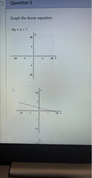 Question 1
Graph the linear equation.
-4y=x+7
-10
O
+44
-10
10-
-10-
16
|+++++++the
-10-
***
10*