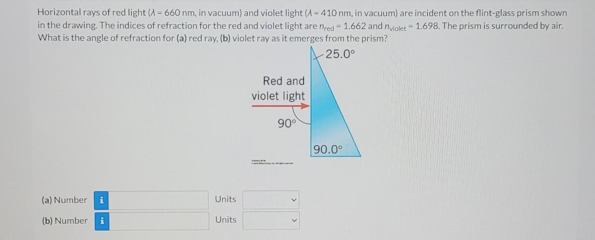 Horizontal rays of red light (A = 660 nm, in vacuum) and violet light (A = 410 nm, in vacuum) are incident on the flint-glass prism shown
in the drawing. The indices of refraction for the red and violet light are nred = 1.662 and nyiolet = 1.698. The prism is surrounded by air.
What is the angle of refraction for (a) red ray, (b) violet ray as it emerges from the prism?
25.0°
Red and
violet light
90°
90.0°
(a) Number
i
Units
(b) Number
Units
