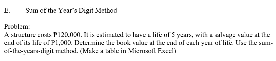 E.
Sum of the Year's Digit Method
Problem:
A structure costs P120,000. It is estimated to have a life of 5 years, with a salvage value at the
end of its life of P1,000. Determine the book value at the end of each year of life. Use the sum-
of-the-years-digit method. (Make a table in Microsoft Excel)