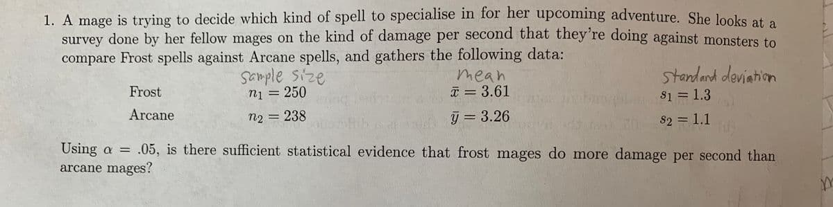 1. A mage is trying to decide which kind of spell to specialise in for her upcoming adventure. She looke ot
survey done by her fellow mages on the kind of damage per second that they're doing against monsters to
compare Frost spells against Arcane spells, and gathers the following data:
sample size
ni = 250
standand deviation
mean
I = 3.61
Frost
$1 = 1.3
Arcane
n2 = 238
j = 3.26
S2 = 1.1
Using a = .05, is there sufficient statistical evidence that frost mages do more damage per second than
arcane mages?
