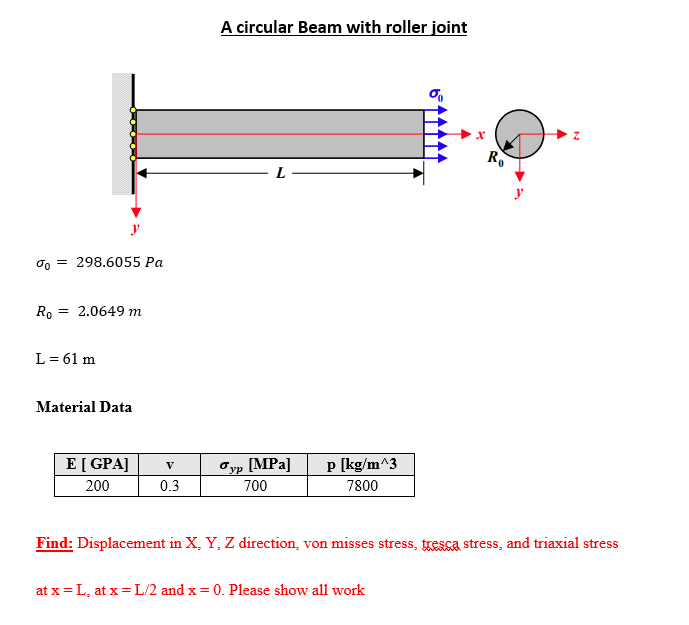 A circular Beam with roller joint
R
L
y
y
oo = 298.6055 Pa
Ro
= 2.0649 m
L = 61 m
Material Data
E[ GPA]
Oyp [MPa]
p [kg/m^3
V
200
0.3
700
7800
Find: Displacement in X, Y, Z direction, von misses stress, tresca stress, and triaxial stress
at x = L, at x = L/2 and x = 0. Please show all work
