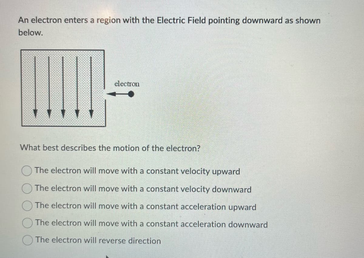 An electron enters a region with the Electric Field pointing downward as shown
below.
Y
electron
What best describes the motion of the electron?
The electron will move with a constant velocity upward
The electron will move with a constant velocity downward
The electron will move with a constant acceleration upward
The electron will move with a constant acceleration downward
The electron will reverse direction