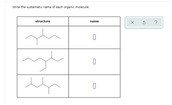 Write the systematic name of each organic molecule:
structure
?
name
