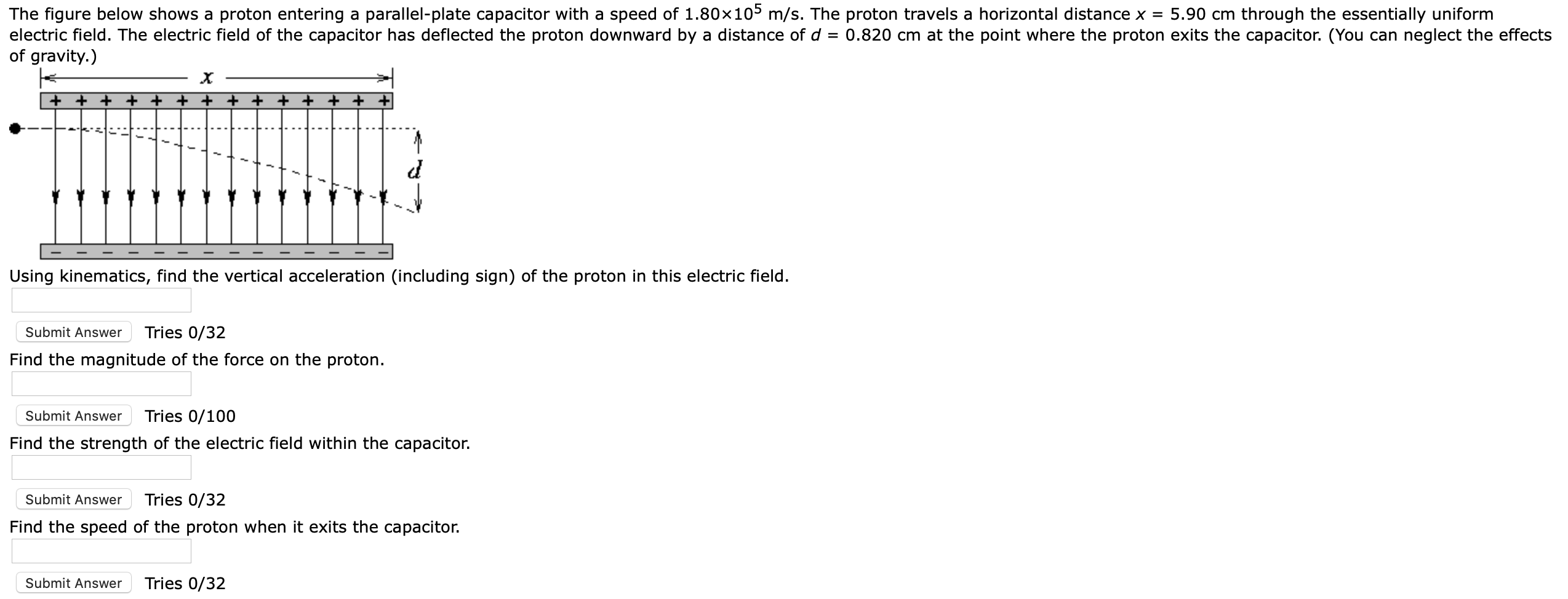 The figure below shows a proton entering a parallel-plate capacitor with a speed of 1.80×105 m/s. The proton travels a horizontal distance x = 5.90 cm through the essentially uniform
electric field. The electric field of the capacitor has deflected the proton downward by a distance of d = 0.820 cm at the point where the proton exits the capacitor. (You can neglect the effects
of gravity.)
+ + + + + + + + +
Using kinematics, find the vertical acceleration (including sign) of the proton in this electric field.
Submit Answer
Tries 0/32
Find the magnitude of the force on the proton.
Submit Answer
Tries 0/100
Find the strength of the electric field within the capacitor.
Submit Answer
Tries 0/32
Find the speed of the proton when it exits the capacitor.
Submit Answer
Tries 0/32
